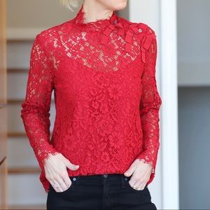 J.Crew Mockneck Top in Red Floral Lace Size 2